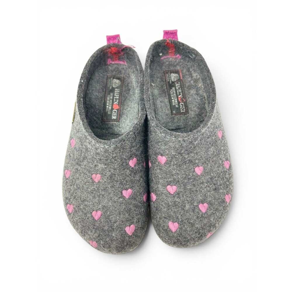Haflinger Womens CUORICINI Gray Pink Heart Wool Clogs Slippers 37 /US 7